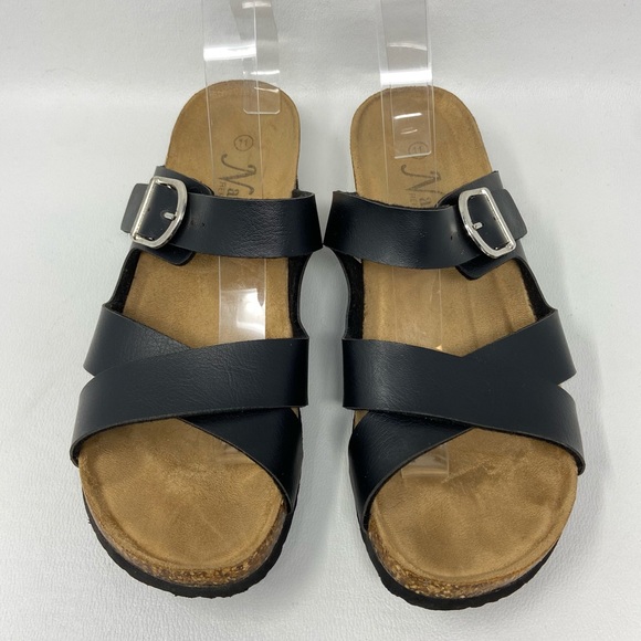 Natural Reflections Black Two Strap Open Toe Wedge Sandals - Picture 5 of 12